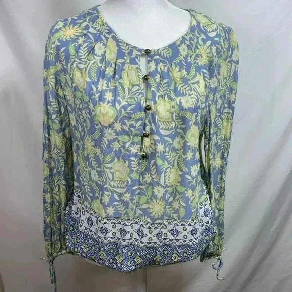 Lucky Brand Blue & Yellow Floral Elastic Waist, 3/4 Sleeve Top, Brass Buttons. - Picture 1 of 14